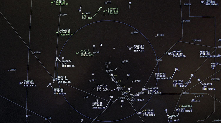 PANTALLA SACTA. El sistema SACTA determina las rutas y perfiles de vuelo, identifica la posición de las aeronaves y asegura su separación en el espacio aéreo.